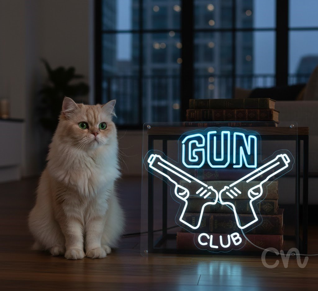 Custom Neon | Gun Club Neon Sign | 20x24 | Ice Blue Warm White Light 2