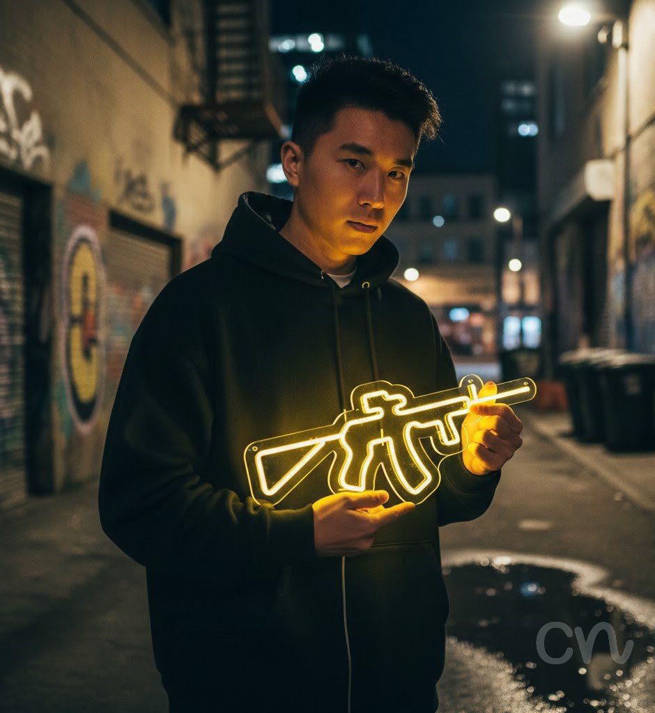 Custom Neon | Rifle Design Neon Sign | 10x23 | Yellow Bright Neon Wall Decor