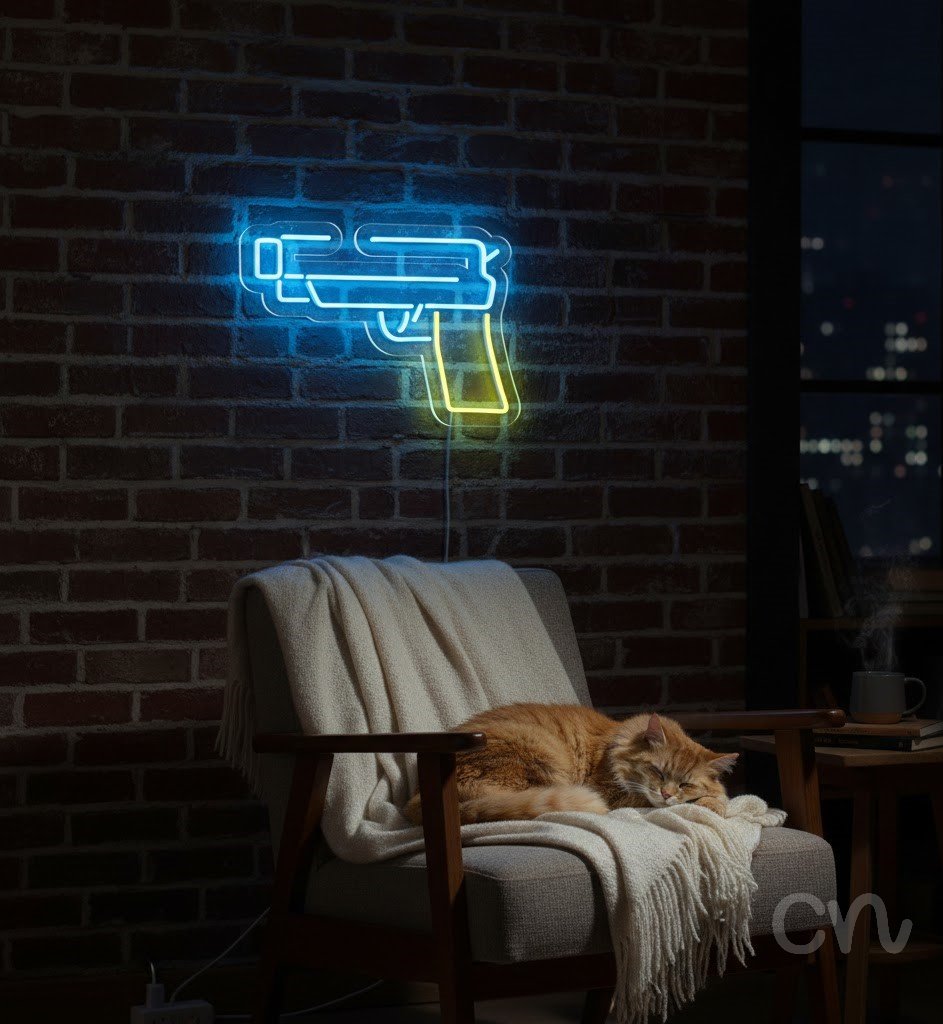 Custom Neon | Pistol Design Neon Sign | 17x24 | Light Blue and Yellow Neon Sign 2