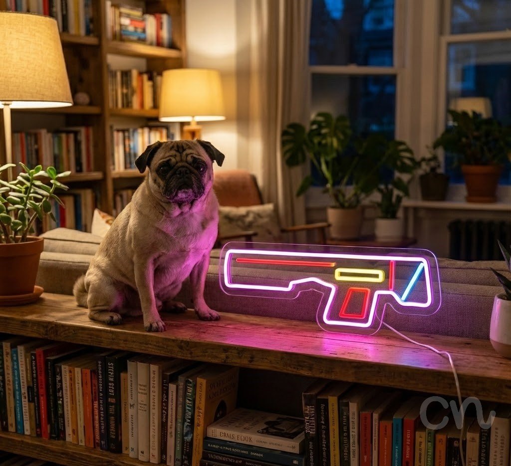 Custom Neon | Gun Design Neon Sign | 9x24 | Pink Red Yellow Blue 2