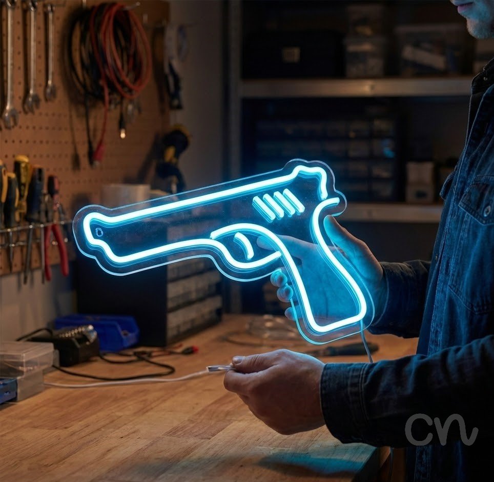 Custom Neon | Pistol Design Neon Sign | 17x24 | Ice Blue Neon Sign for Home Bar**
