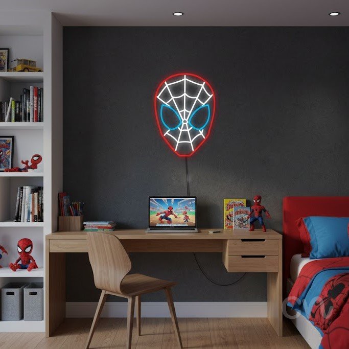 Custom Neon | Abstract Mask with Web and Eyes Neon Sign | 20x15 | Red White Light Blue