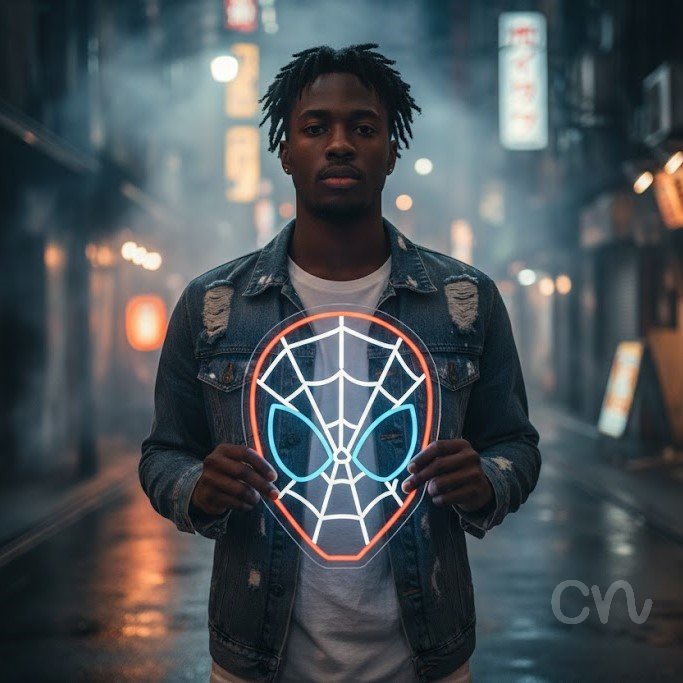 Custom Neon | Abstract Mask with Web and Eyes Neon Sign | 20x15 | Red White Light Blue 2