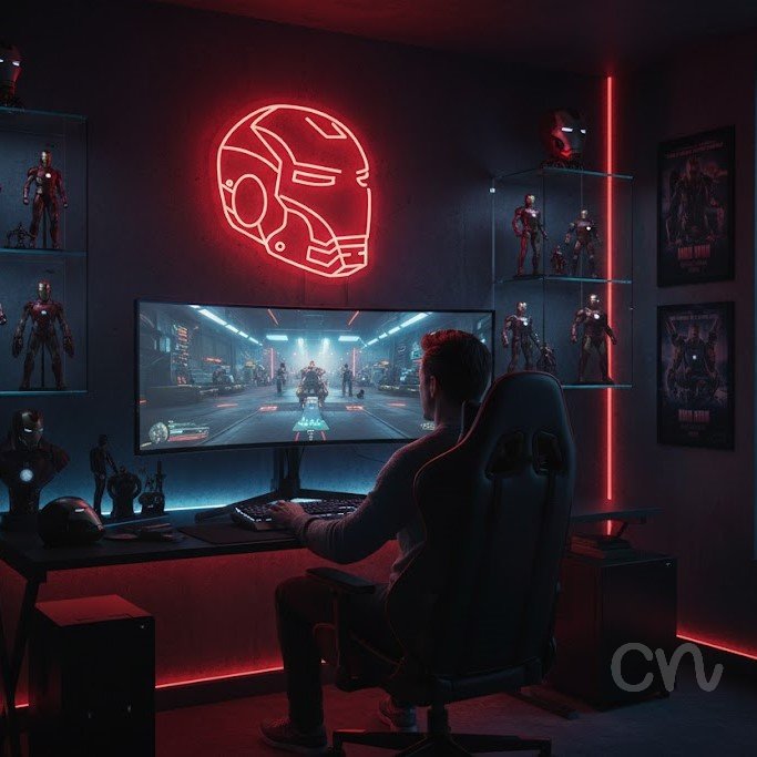 Custom Neon | Helmet Design Neon Sign | 18x17 | Red Bright Neon Sign for Room Decor