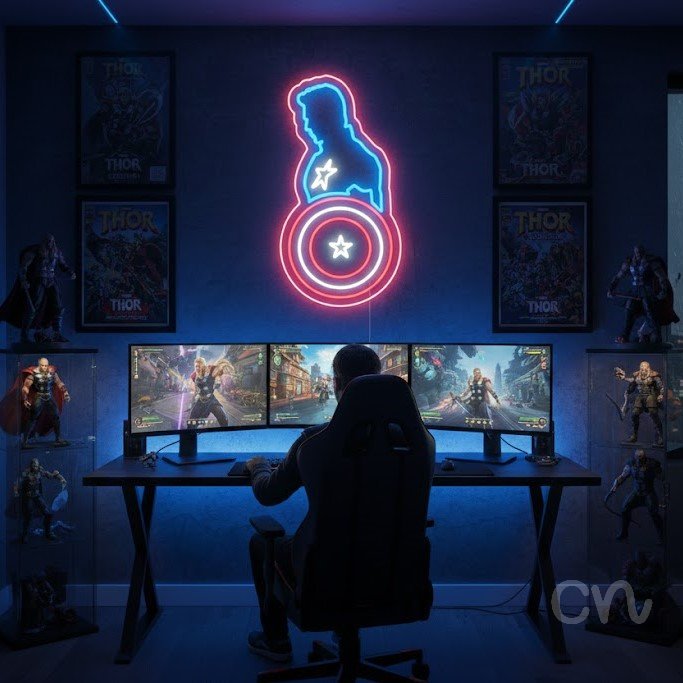 Custom Neon | Hero with Shield Neon Sign | 22x12 | Ice Blue Red White