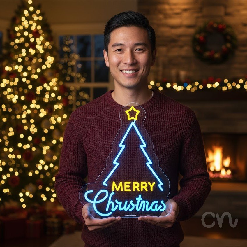 Custom Neon | Merry Christmas Neon Sign | 22x17 | Ice Blue and Yellow Neon Sign