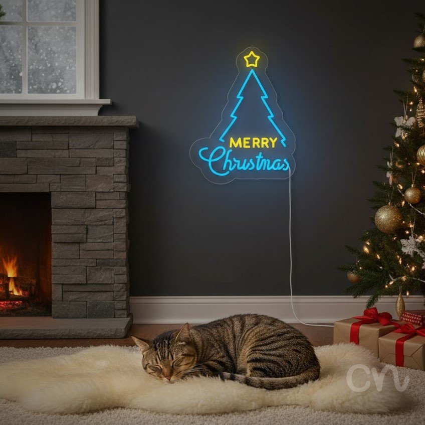 Custom Neon | Merry Christmas Neon Sign | 22x17 | Ice Blue and Yellow Neon Sign 2