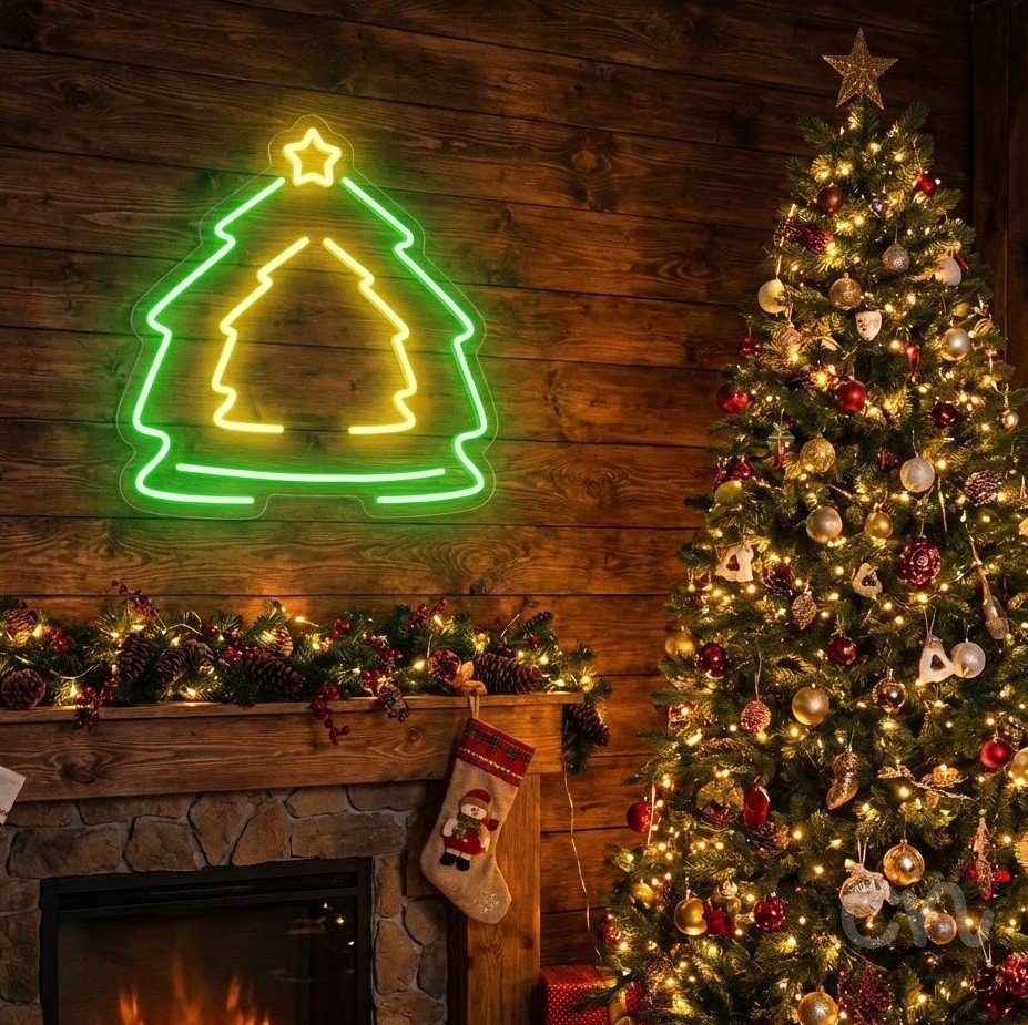 Custom Neon | Christmas Tree with Star Neon Sign | 18x17 Inches | Green and Yellow 2