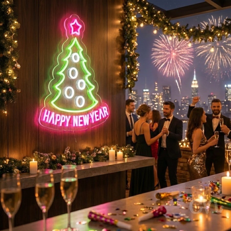 Custom Neon | Happy New Year Neon Sign | 21x16 Inches | Pink Green Neon Sign