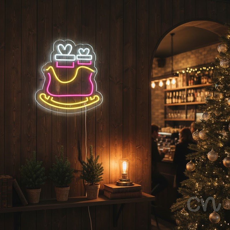 Custom Neon | Rocking Horse with Gifts Neon Sign | 17x16 | Pink Yellow White 2