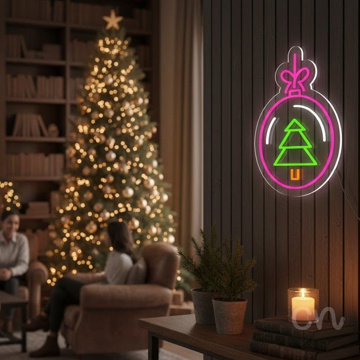 Custom Neon | Christmas Ornament with Tree Neon Sign | 21x15 | Hot Pink Lime Green White Orange 2