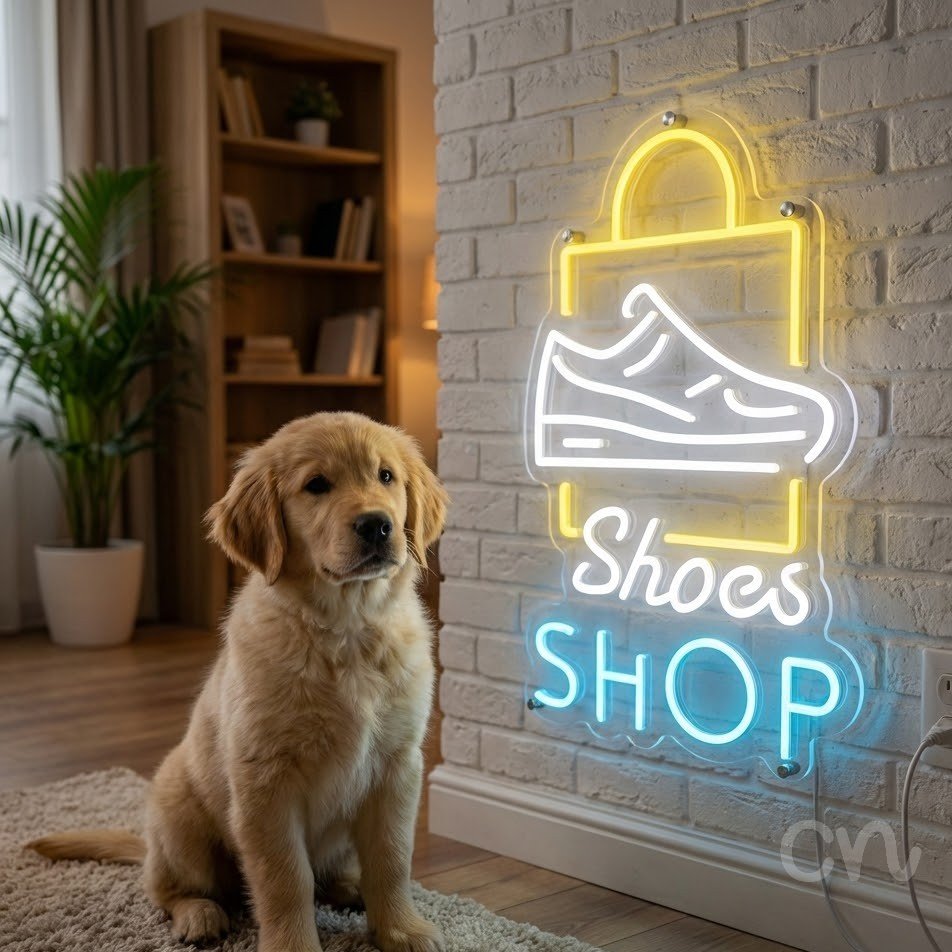 Custom Neon | Shoes Shop Neon Sign | 23x15 | White, Yellow, Light Blue Neon Sign 2