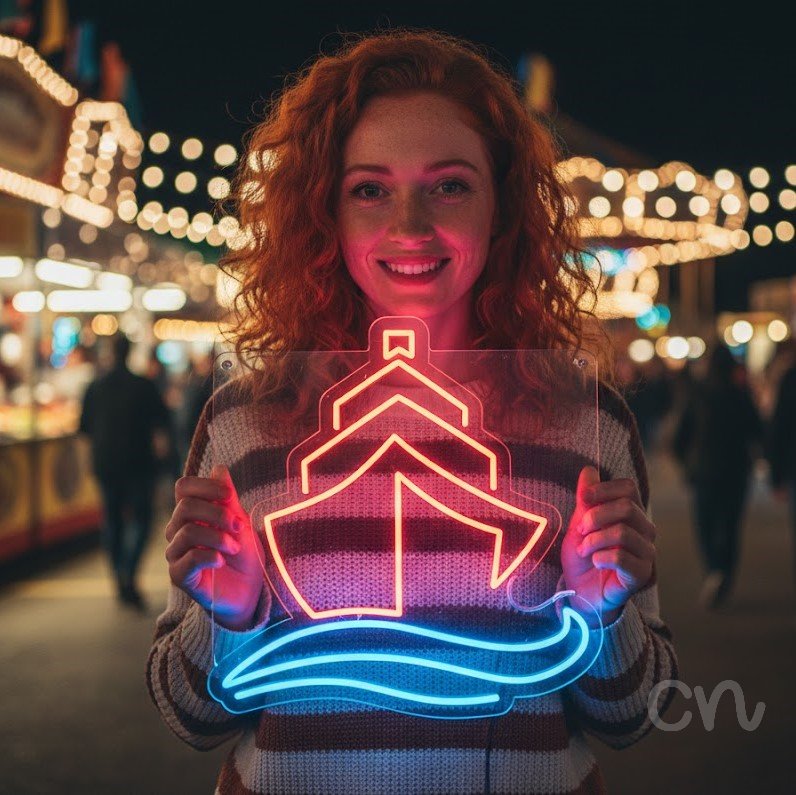 Custom Neon | Boat on Waves Neon Sign | 23x22 Inches | Red and Blue Neon Sign