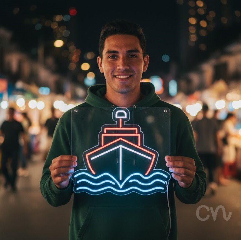 Custom Neon | Ship on Waves Neon Sign | 22x24 Inches | Red Blue White Colors