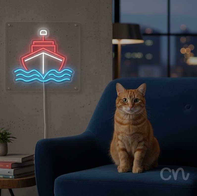 Custom Neon | Ship on Waves Neon Sign | 22x24 Inches | Red Blue White Colors 2