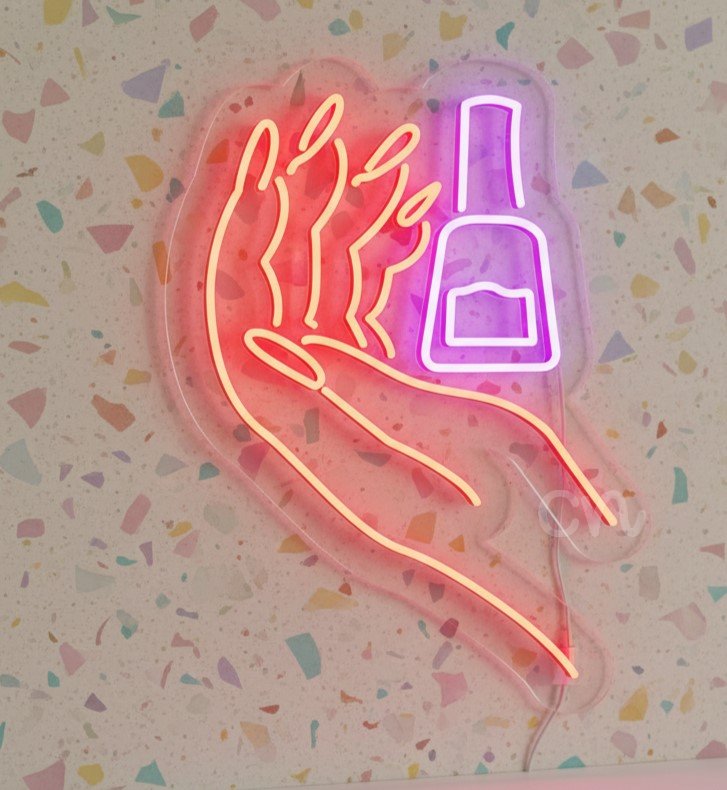 Custom Neon | Nail Art Neon Sign with Hand and Polish Bottle Design | 27x20 | Red and Purple