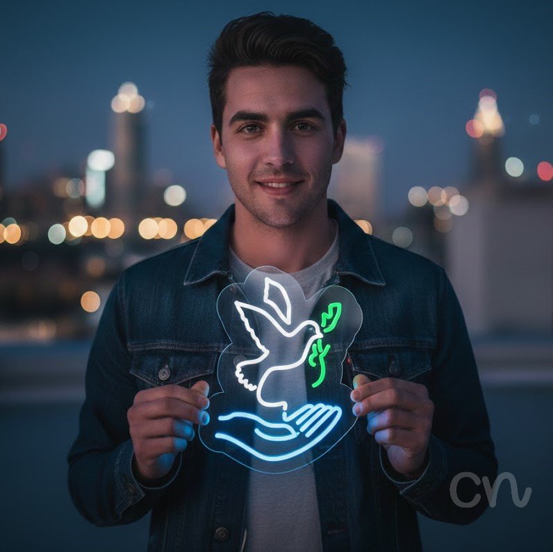 Custom Neon | Dove and Hand Neon Sign | 19x15 | White Green Blue Colors