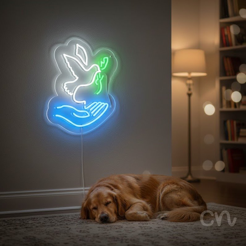 Custom Neon | Dove and Hand Neon Sign | 19x15 | White Green Blue Colors 2