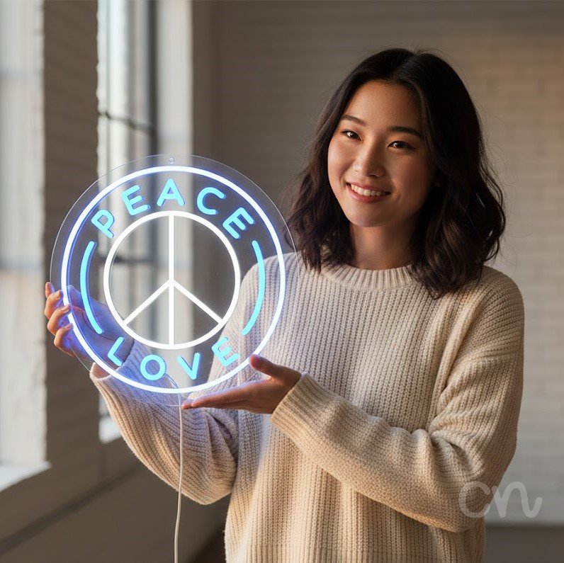 Custom Neon | Peace Love Neon Sign | 17x17 | Ice Blue Neon Sign for Home Decor
