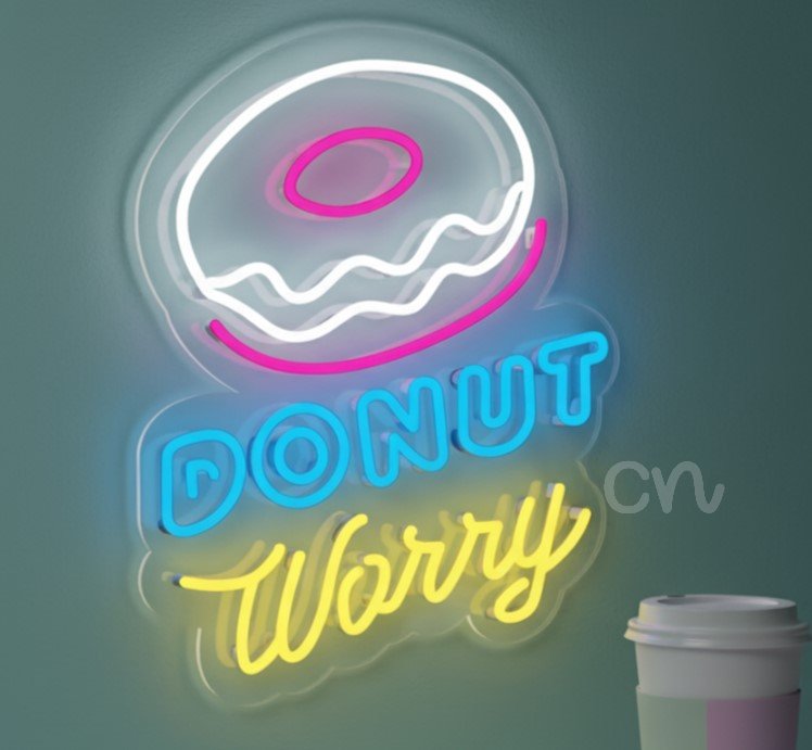 Custom Neon | Donut Worry Neon Sign | 20x15 Inch | White Red Yellow