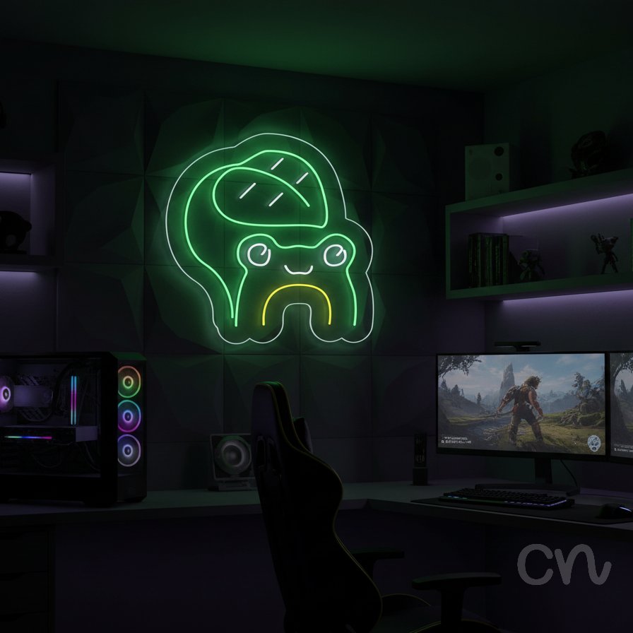 Custom Neon | Frog with Leaf Neon Sign | 17x17 | Green White Yellow Neon Sign
