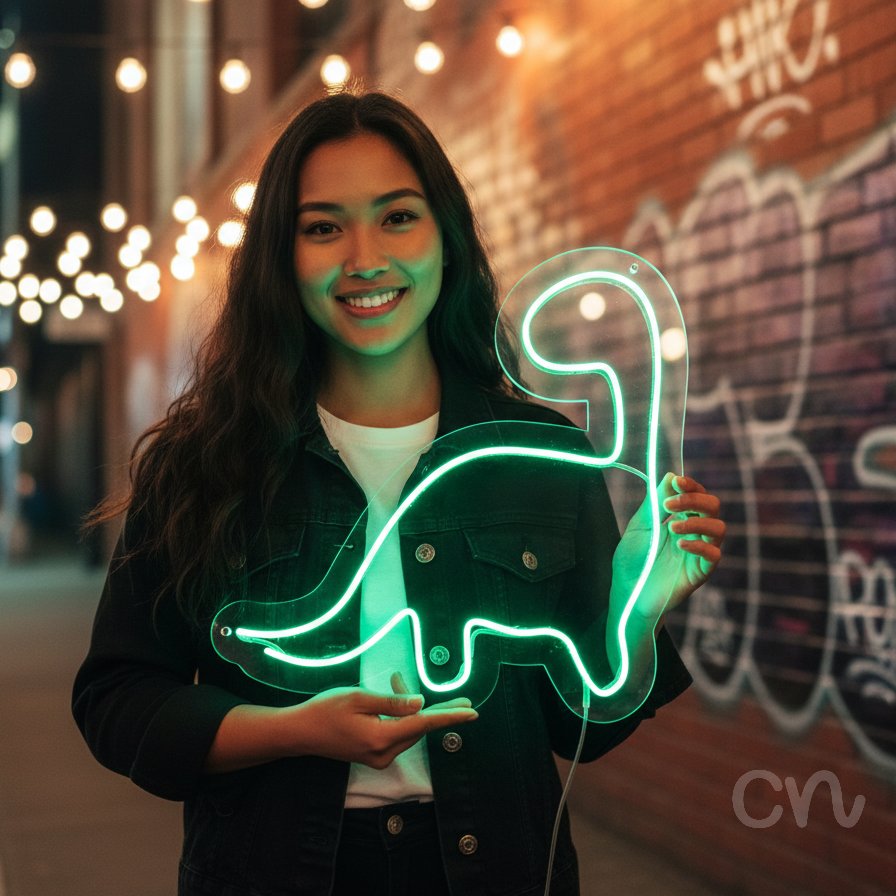Custom Neon | Dinosaur Neon Sign | 15x15 | Green Neon Sign for Room Decor and Wall Art