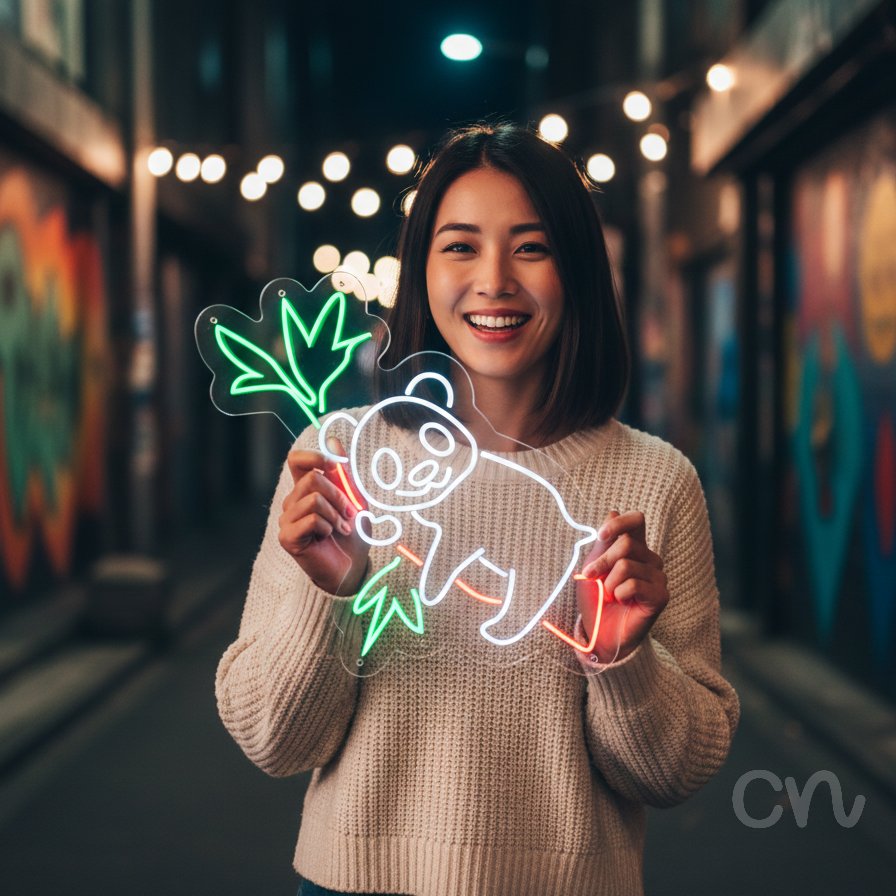 Custom Neon | Panda on Bamboo Neon Sign | 15x16 | Green White Red Color