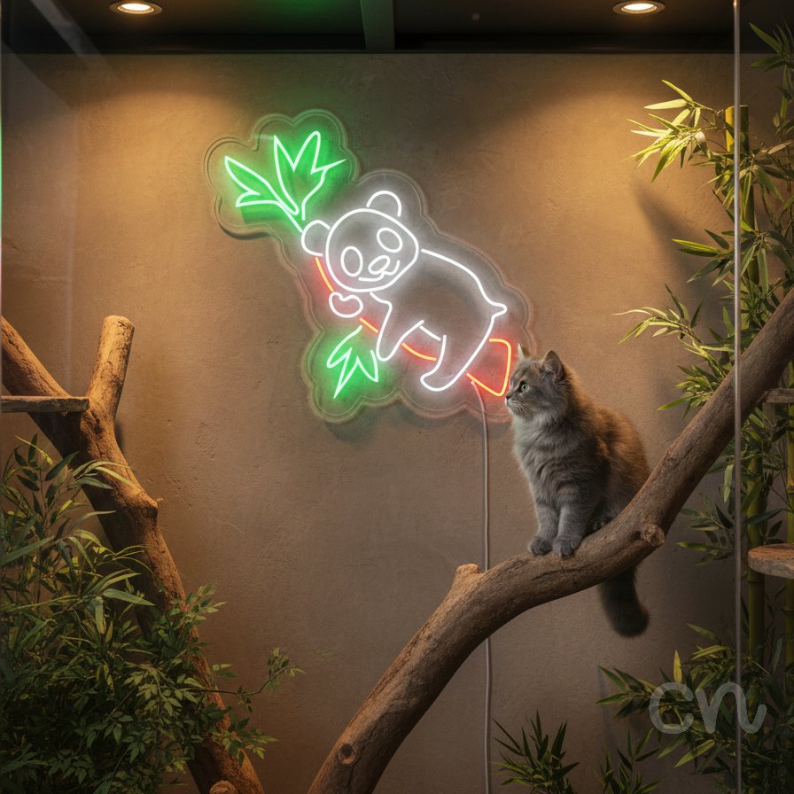 Custom Neon | Panda on Bamboo Neon Sign | 15x16 | Green White Red Color 2