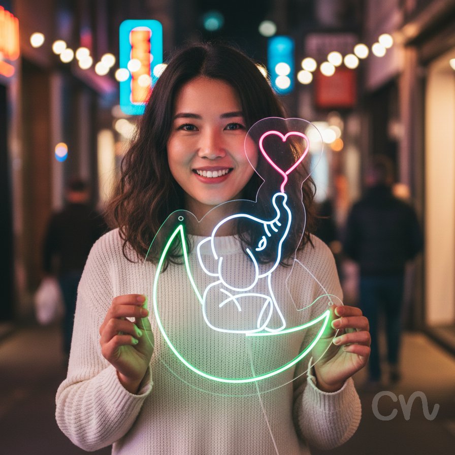 Custom Neon | Elephant on Crescent Neon Sign | 18x13 | Green White Hot Pink