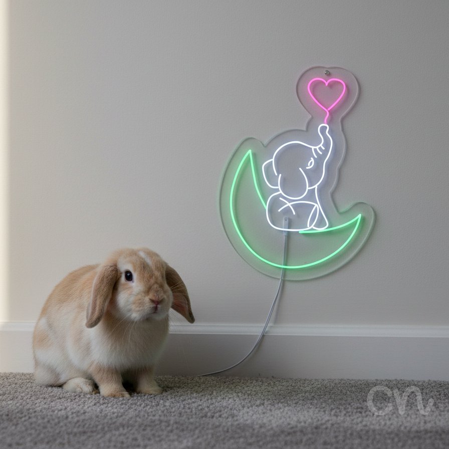 Custom Neon | Elephant on Crescent Neon Sign | 18x13 | Green White Hot Pink 2