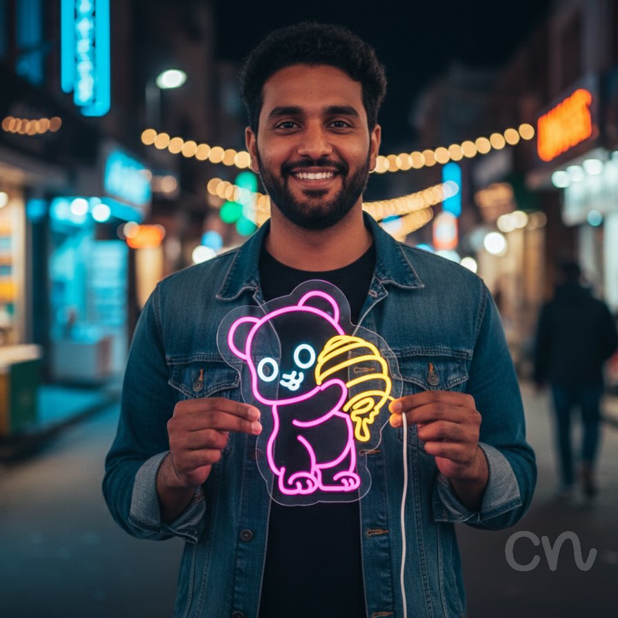 Custom Neon | Bear with Honey Neon Sign | 17x14 | Hot Pink and Yellow Neon Sign