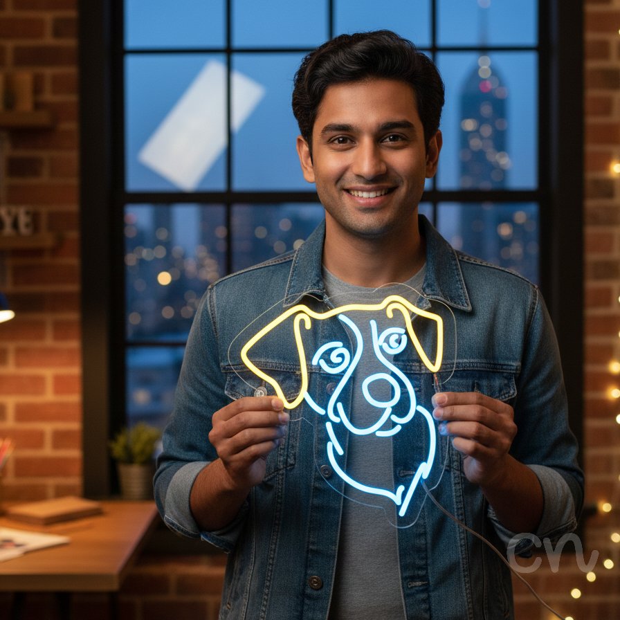 Custom Neon | Dog Face Neon Sign | 16x15 | Yellow and Blue Neon Sign for Animal Lovers