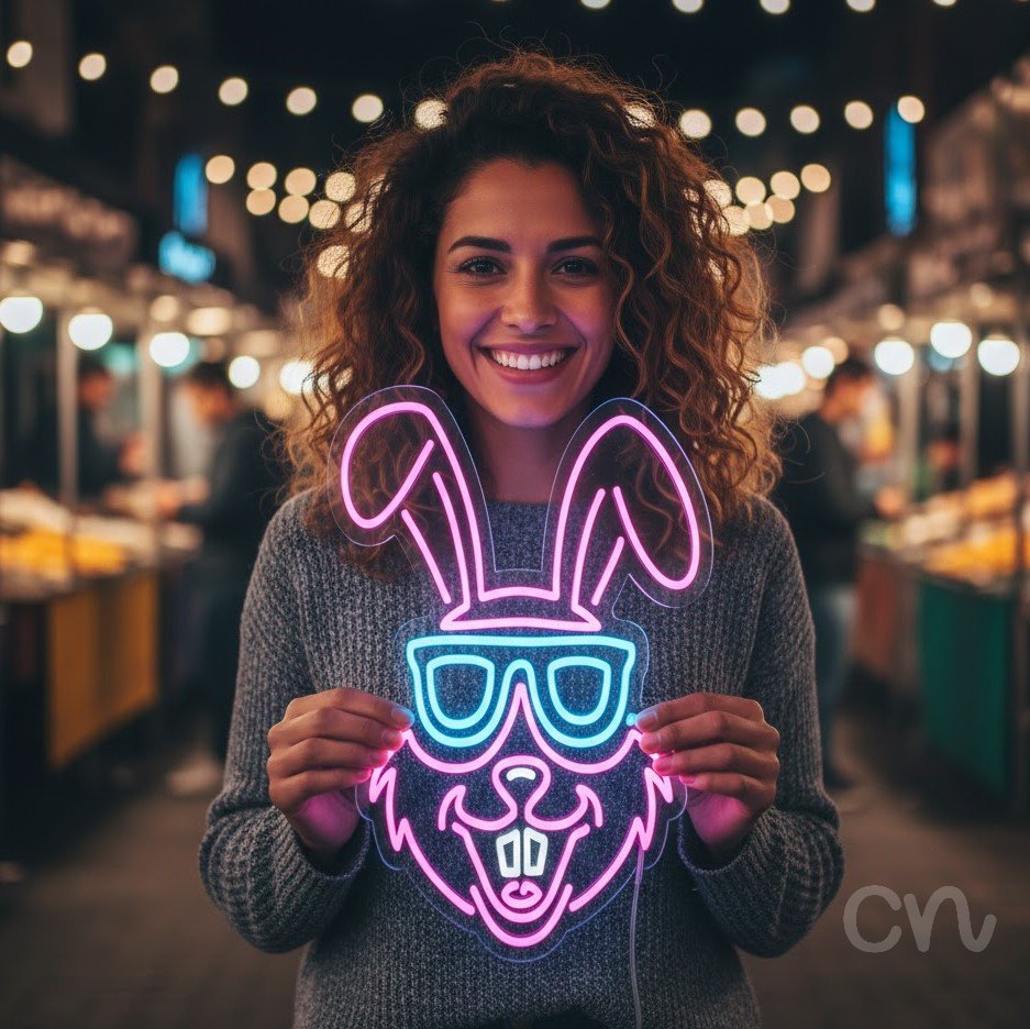 Custom Neon | Rabbit with Sunglasses Neon Sign | 21x20 | Hot Pink and Ice Blue