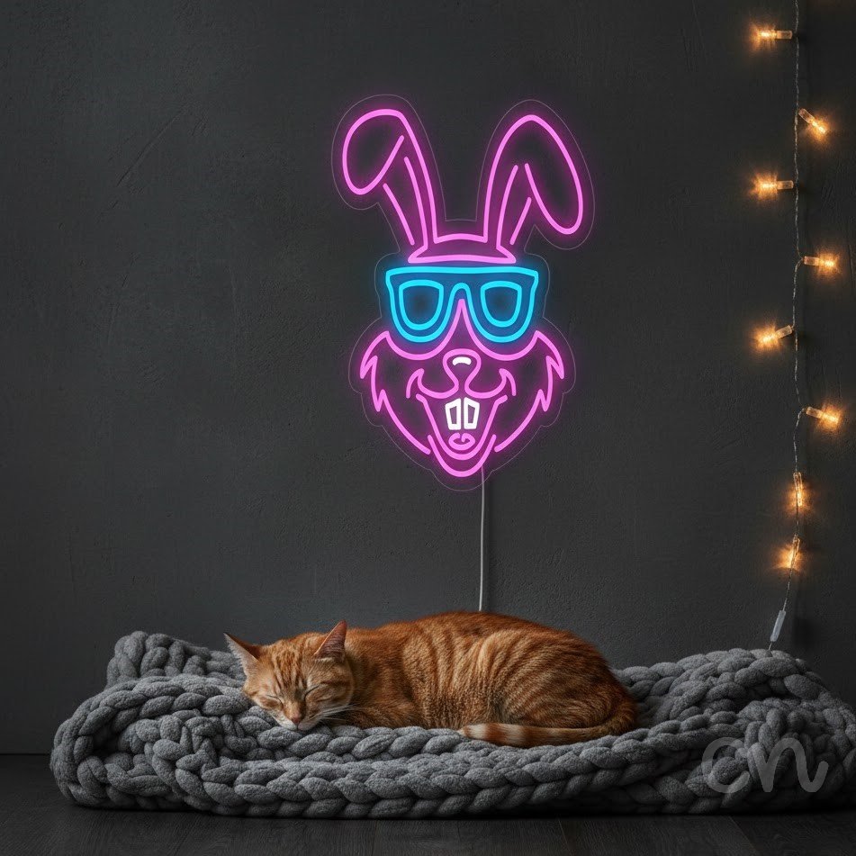 Custom Neon | Rabbit with Sunglasses Neon Sign | 21x20 | Hot Pink and Ice Blue 2