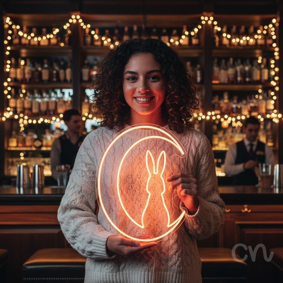 Custom Neon | Rabbit and Moon Neon Sign | 23x22 | Orange | Perfect for Wall Decor