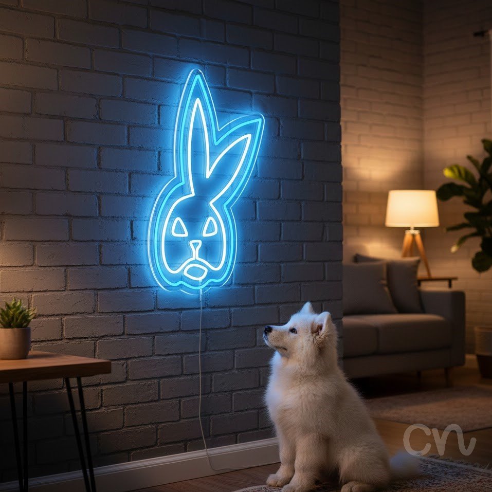Custom Neon | Rabbit Face Neon Sign | 23x19 | White and Blue Neon Sign for Decor 2