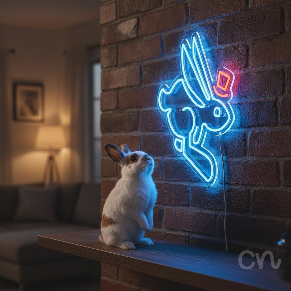 Custom Neon | Rabbit with Top Hat Neon Sign | 23x20 Inches | Blue and Red Colors 2