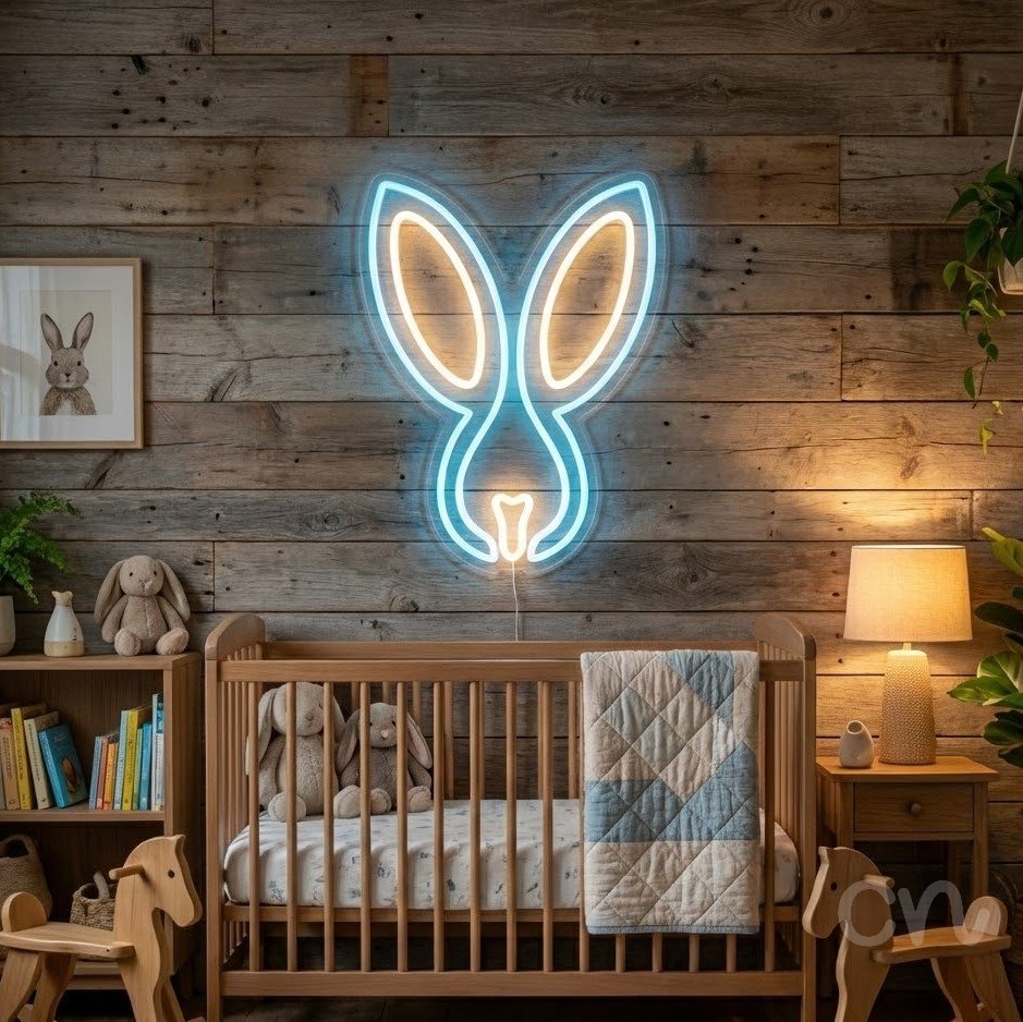Custom Neon | Rabbit Face Neon Sign | 19x18 | Ice Blue and Warm White 2