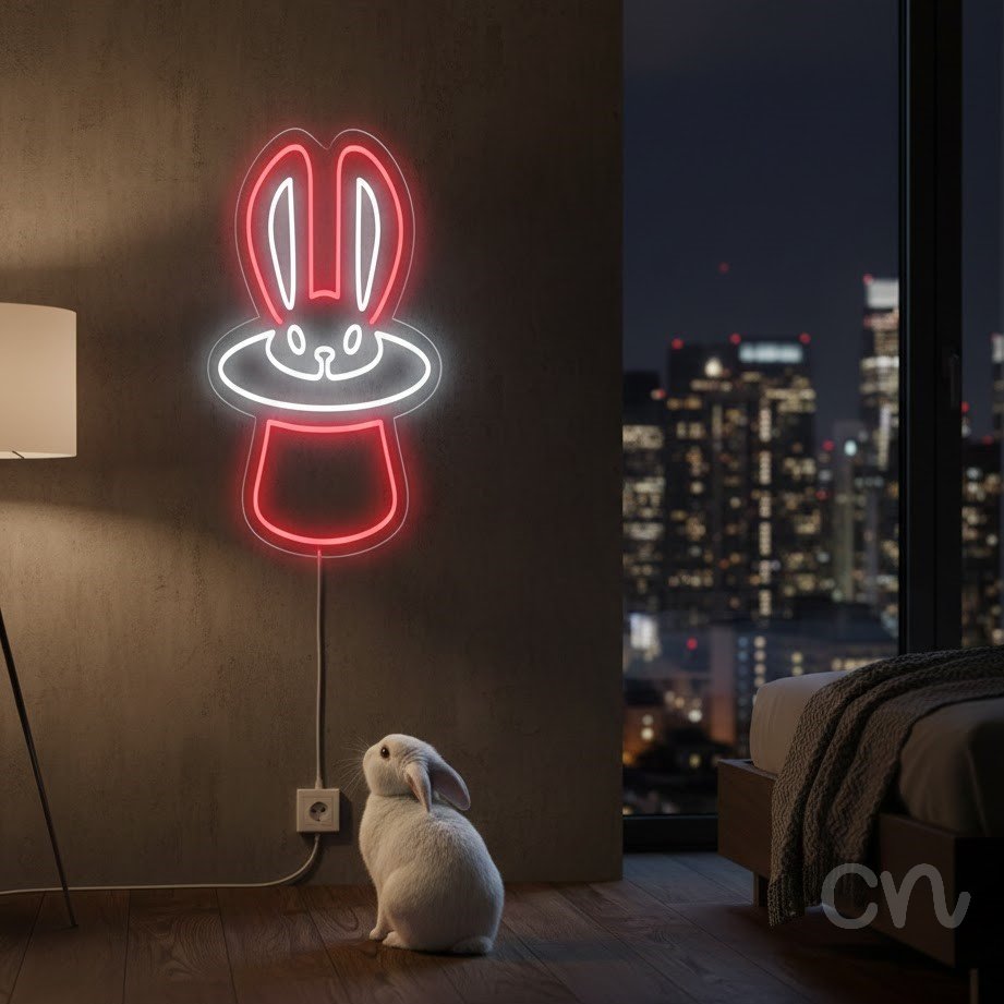 Custom Neon | Rabbit in Hat Neon Sign | 23x18 | Red | Unique Restaurant Bar Decor 2