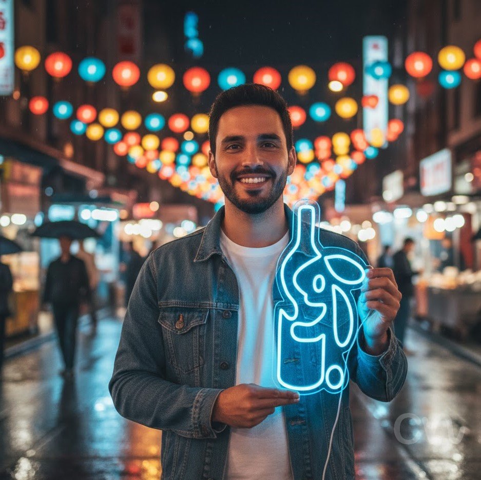 Custom Neon | Wine Bottle and Rabbit Neon Sign | 21x14 | Light Blue