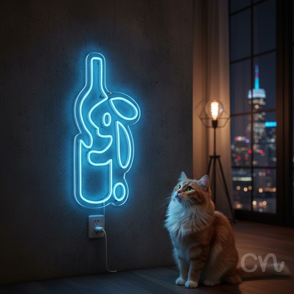 Custom Neon | Wine Bottle and Rabbit Neon Sign | 21x14 | Light Blue 2
