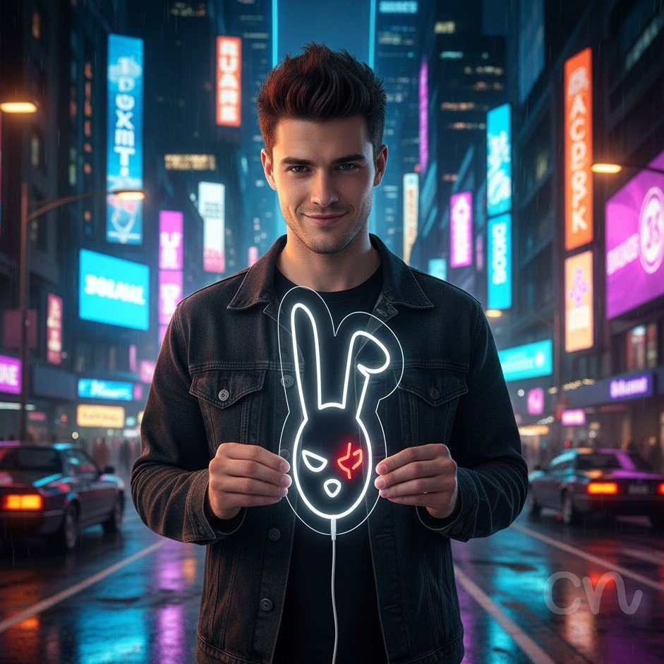 Custom Neon | Bunny Face Neon Sign | 21x15 | White and Red Neon Sign for Home Decor