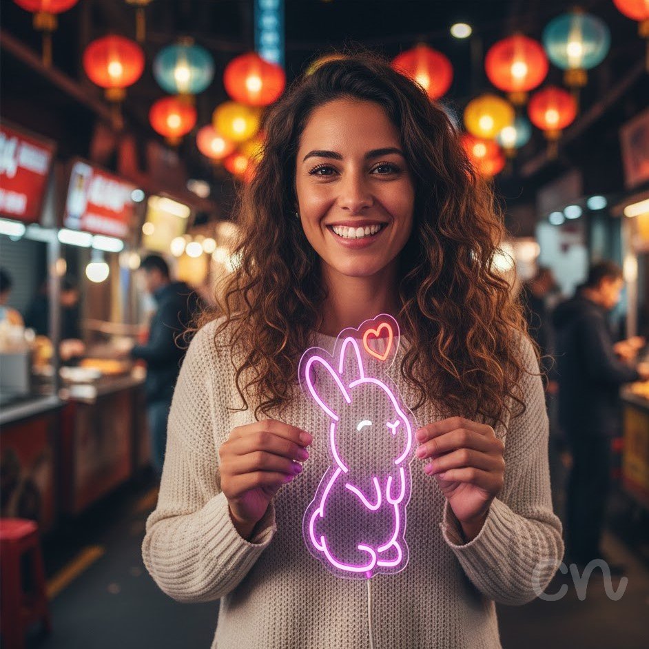 Custom Neon | Rabbit with Heart Neon Sign | 21x13 | Hot Pink Red