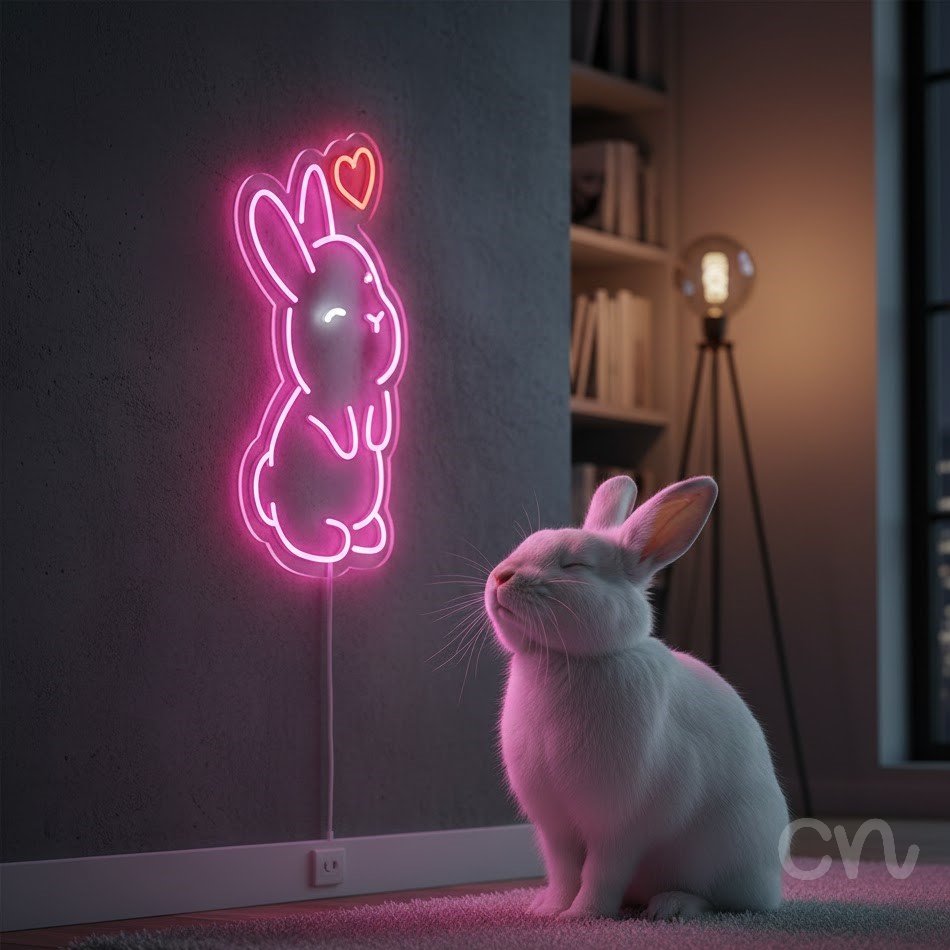 Custom Neon | Rabbit with Heart Neon Sign | 21x13 | Hot Pink Red 2
