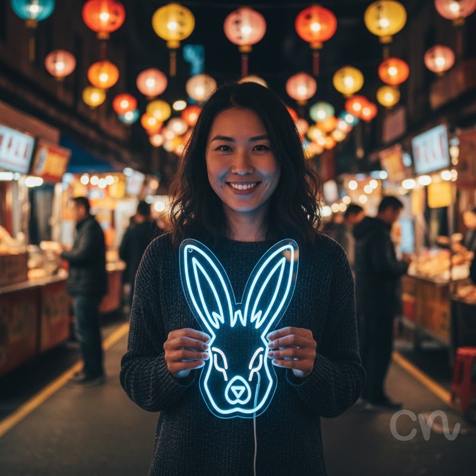 Custom Neon | Rabbit Face Neon Sign | 21x20 | Ice Blue and Warm White