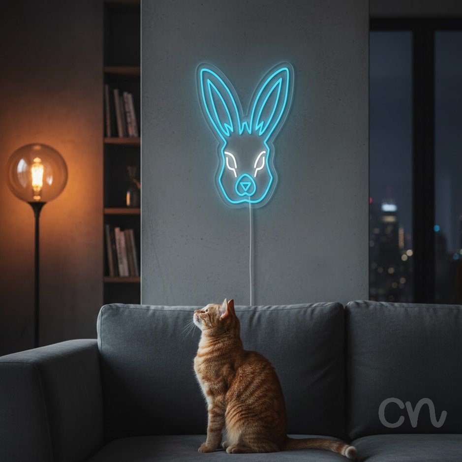 Custom Neon | Rabbit Face Neon Sign | 21x20 | Ice Blue and Warm White 2
