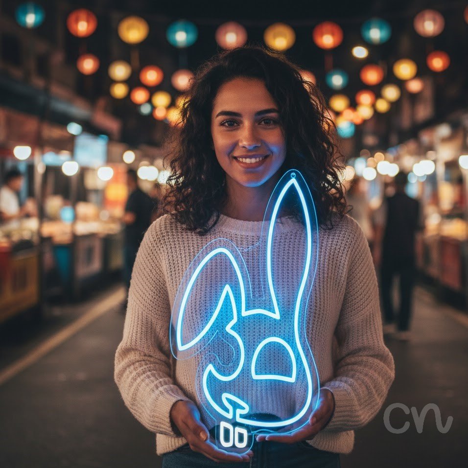 Custom Neon | Rabbit Face Neon Sign | 23x17 | Ice Blue Neon Sign for Room Decor