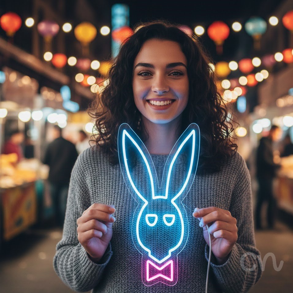 Custom Neon | Bunny Head Neon Sign | 20x14 | Ice Blue and Pink Light for Room Decor