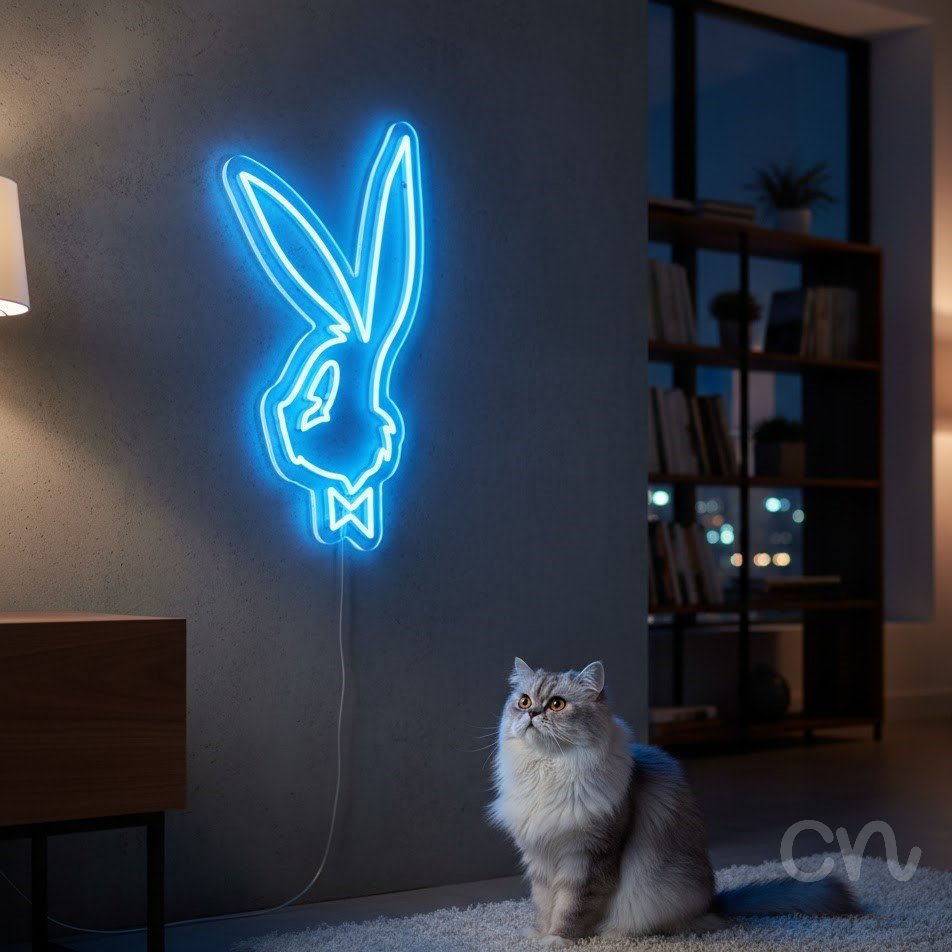 Custom Neon | Rabbit Head with Bow Tie Neon Sign | 23x15 Inches | Ice Blue 2