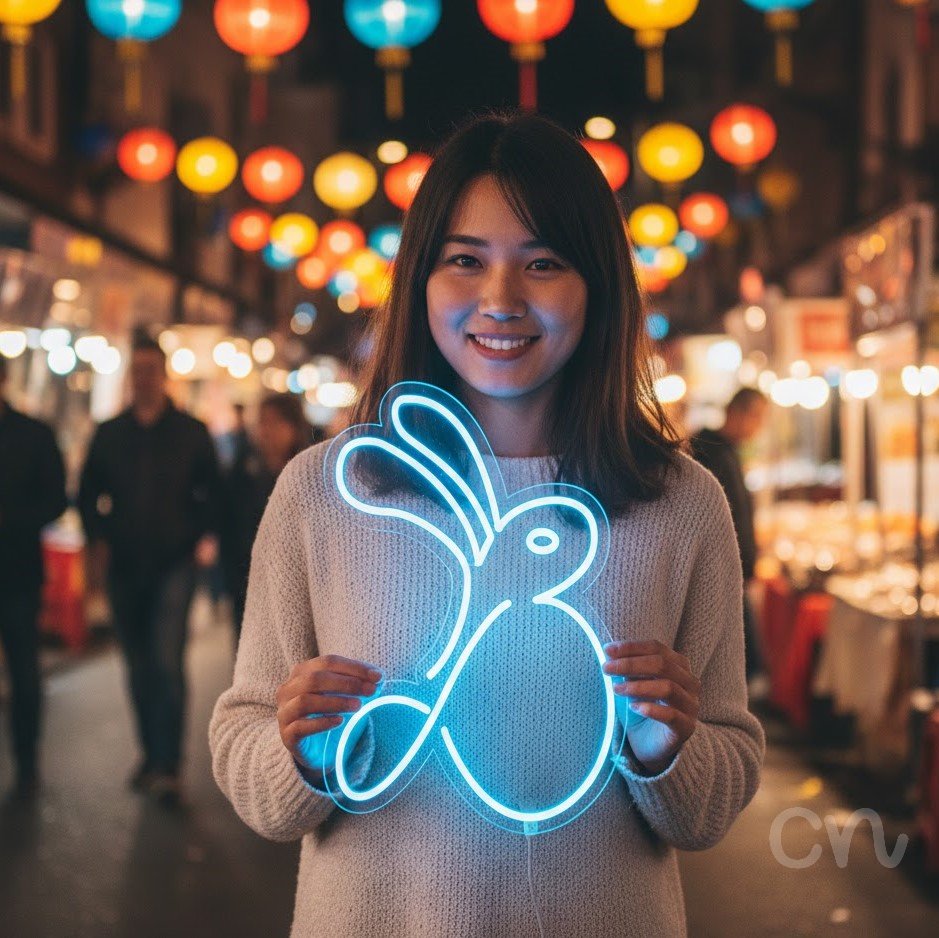 Custom Neon | Rabbit Design Neon Sign | 20x21 | Ice Blue Bright Neon Wall Art